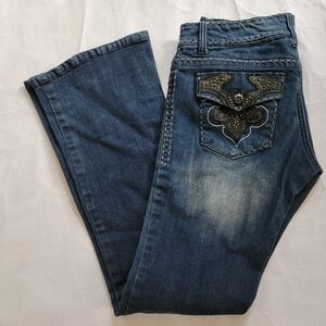 CELLO Jeans 9 Dark Bootcut Studs Embroidered Flap Pocket Distressed Denim